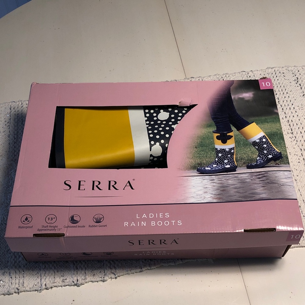 Serra Yellow & Navy blue Polka Dot Ladies' Rain rubber Boots - Picture 2 of 14